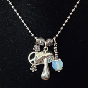 Chic Silver Charm Necklace with Peace, Flowers, Moonstone And Mushroom Pendants